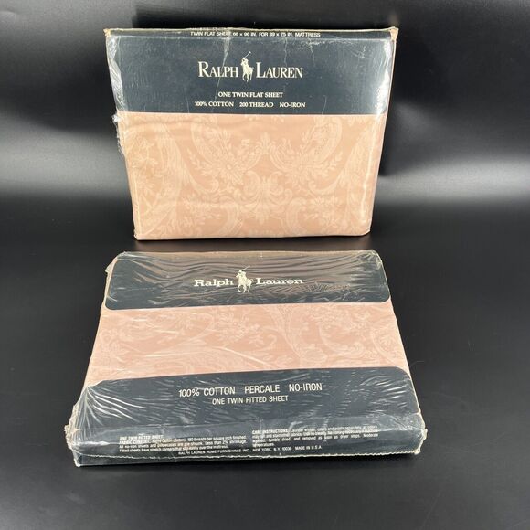 Vintage Ralph Lauren Avery Pink Damask Twin Sized Fitted & Flat Sheet Set Cotton - Picture 1 of 16